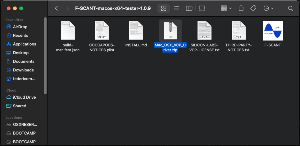 The F-SCANT folder with the Silicon Labs installer beside the app