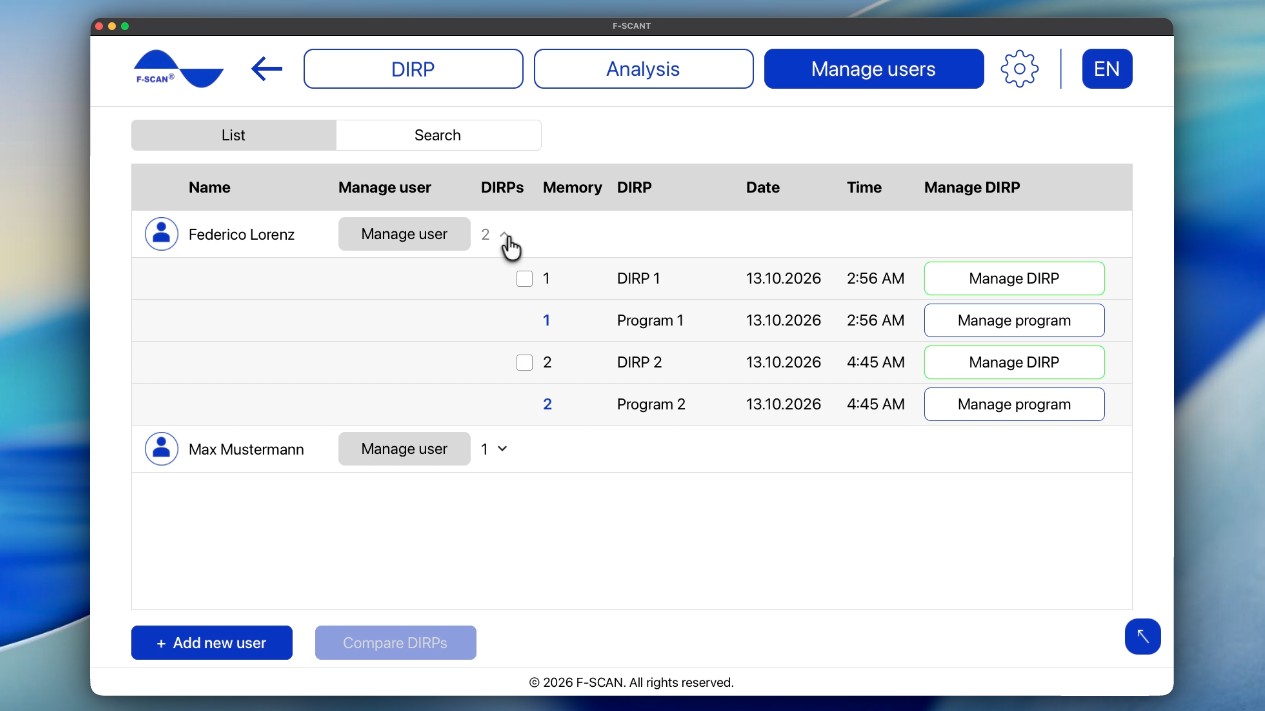Manage users table with one row expanded