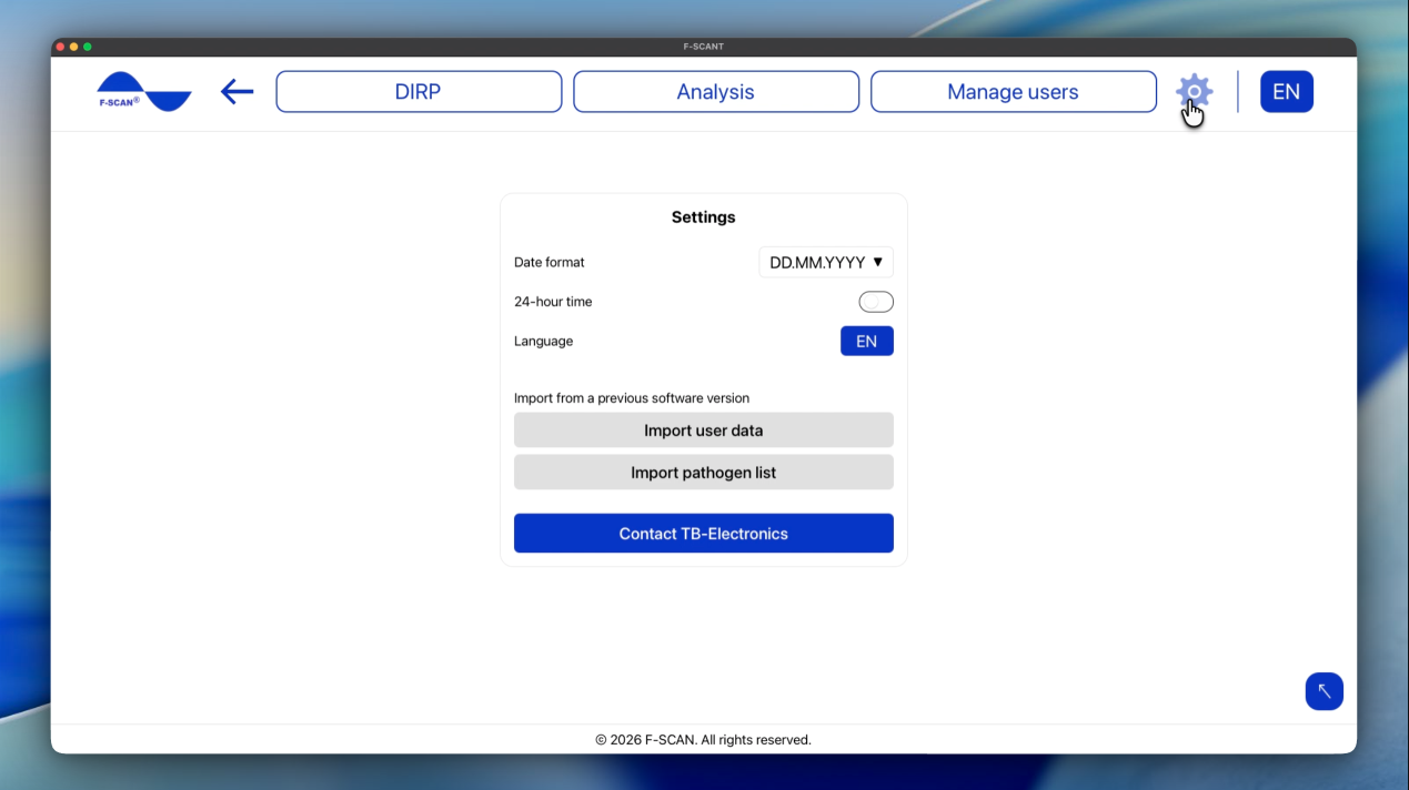 Settings: date format, 24-hour time, language, import